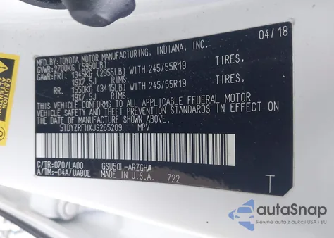 2018 Toyota Highlander Limited Platinum z USA, uszkodzony, nr VIN 5TDYZRFHXJS265209